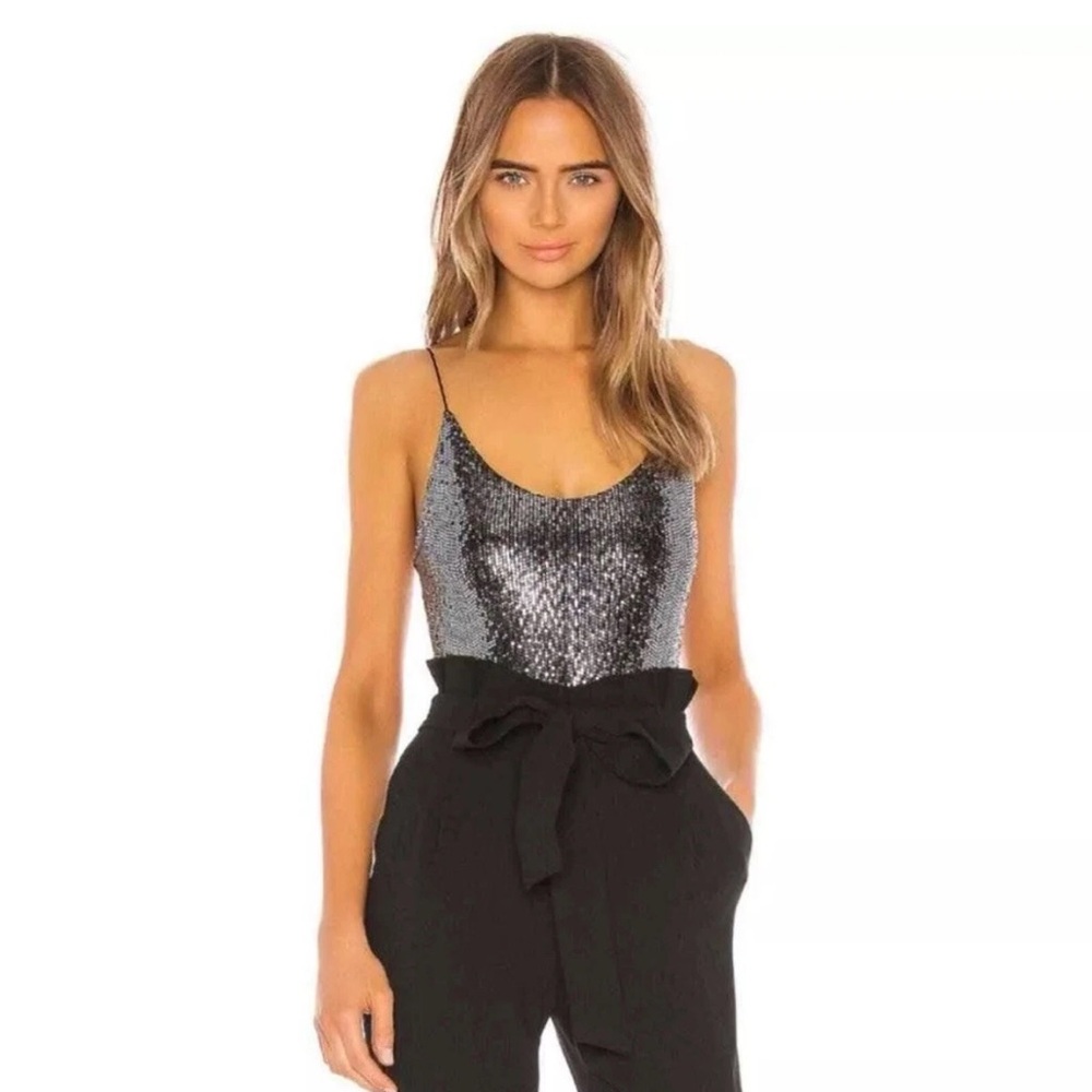 Alice + Olivia Silver Metallic Embellished Bodysuit